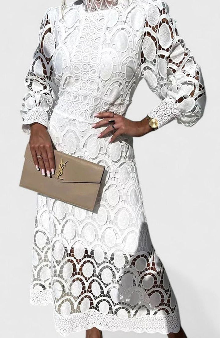 Women's Elegant Long-Sleeve Lace Midi Dress High Neck - White