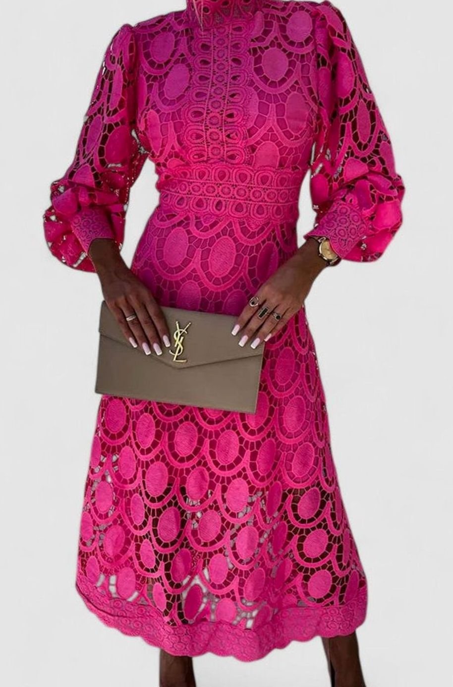 Women's Elegant Long-Sleeve Lace Midi Dress High Neck - Pink