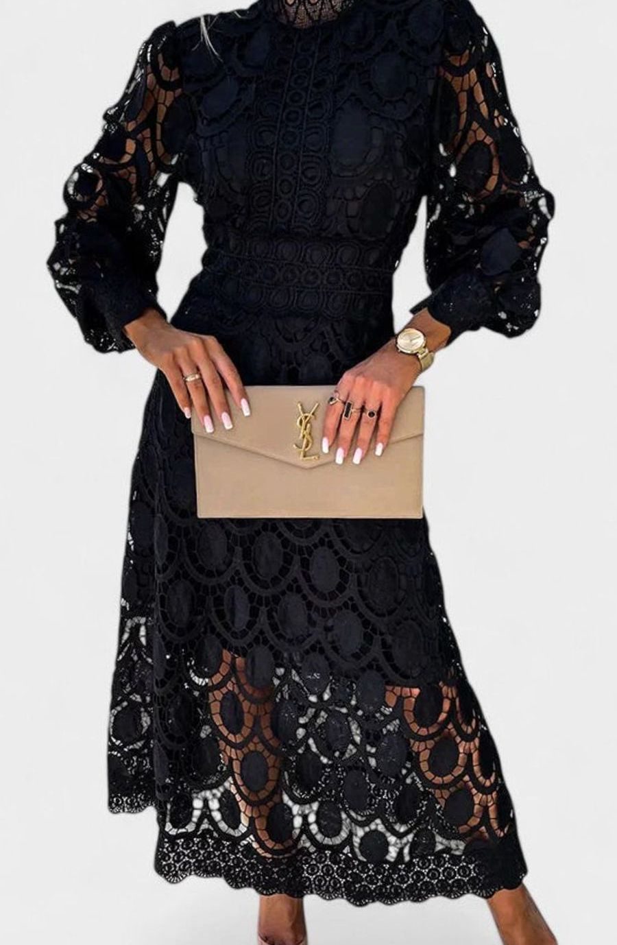 Women's Elegant Long-Sleeve Lace Midi Dress High Neck
