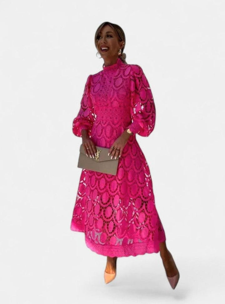 Women's Elegant Long-Sleeve Lace Midi Dress High Neck
