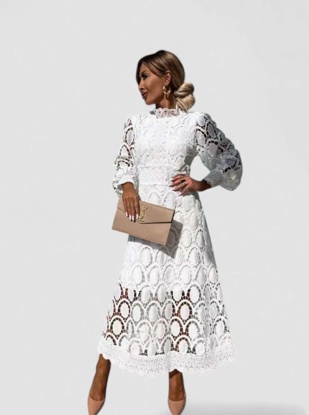 Women's Elegant Long-Sleeve Lace Midi Dress High Neck