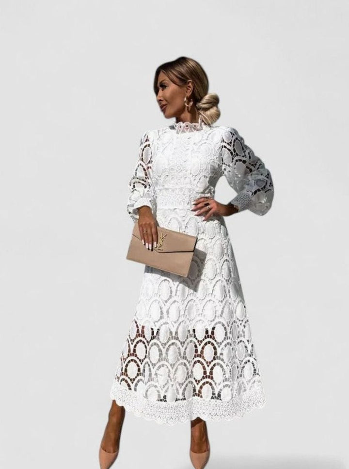 Women's Elegant Long-Sleeve Lace Midi Dress High Neck
