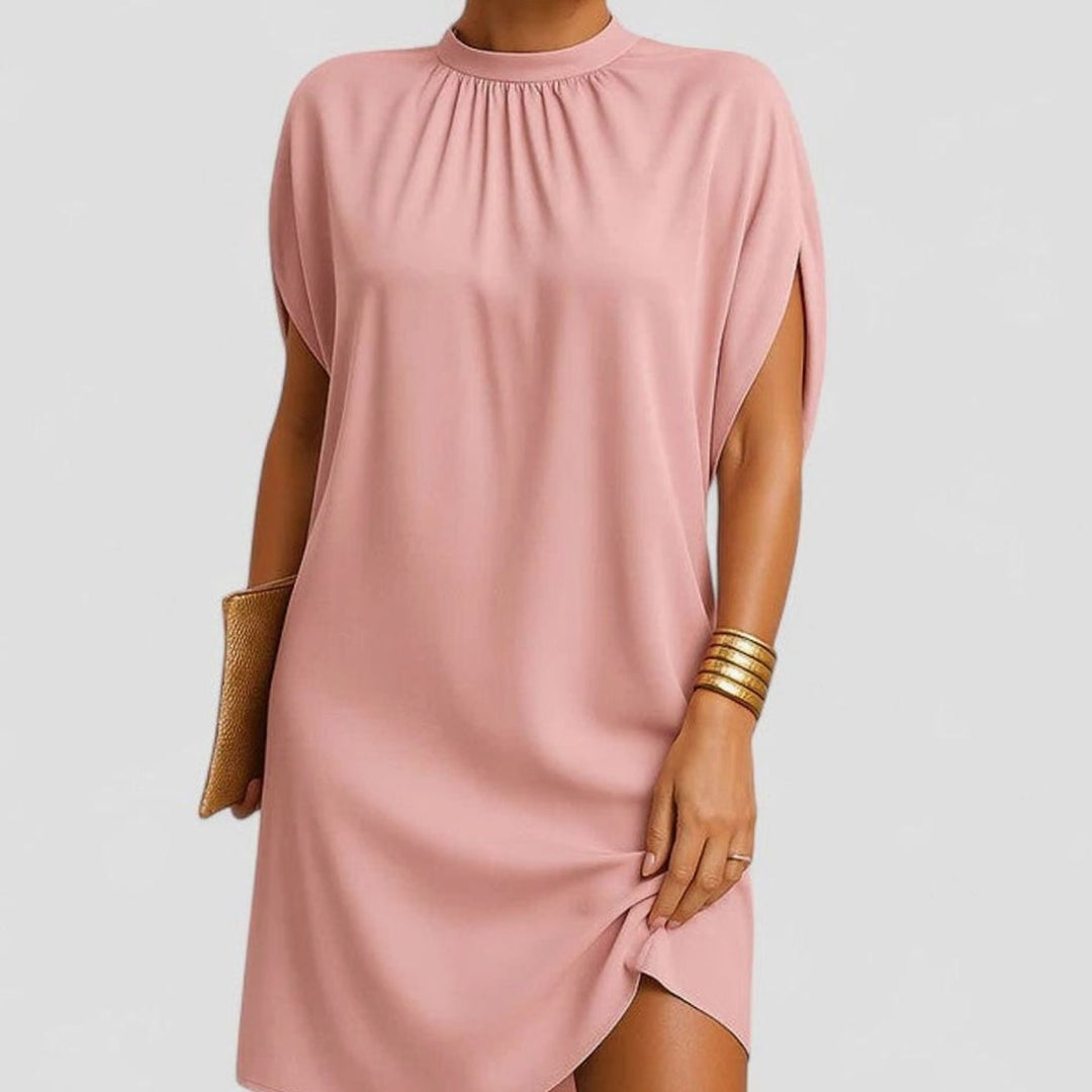 Women's Elegant Mock-Neck Ruched Split-Sleeve Mini Dress - Pink