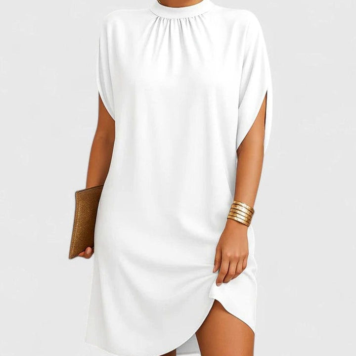 Women's Elegant Mock-Neck Ruched Split-Sleeve Mini Dress - White