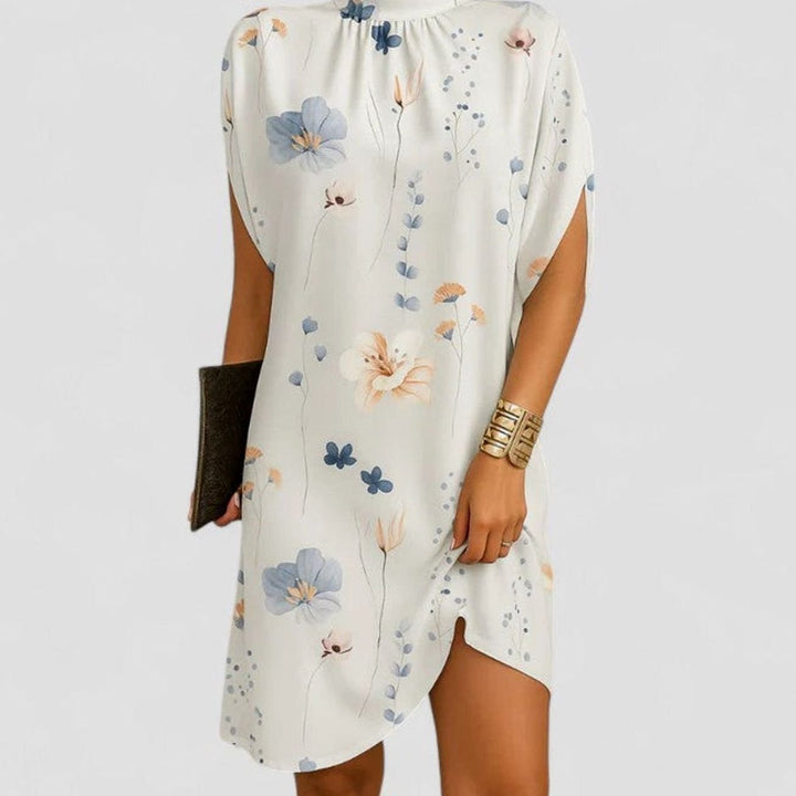 Women's Elegant Mock-Neck Ruched Split-Sleeve Mini Dress - White Flowers