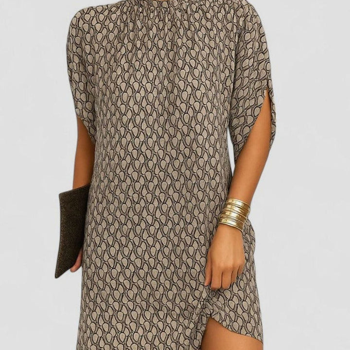 Women's Elegant Mock-Neck Ruched Split-Sleeve Mini Dress - Beige Pattern