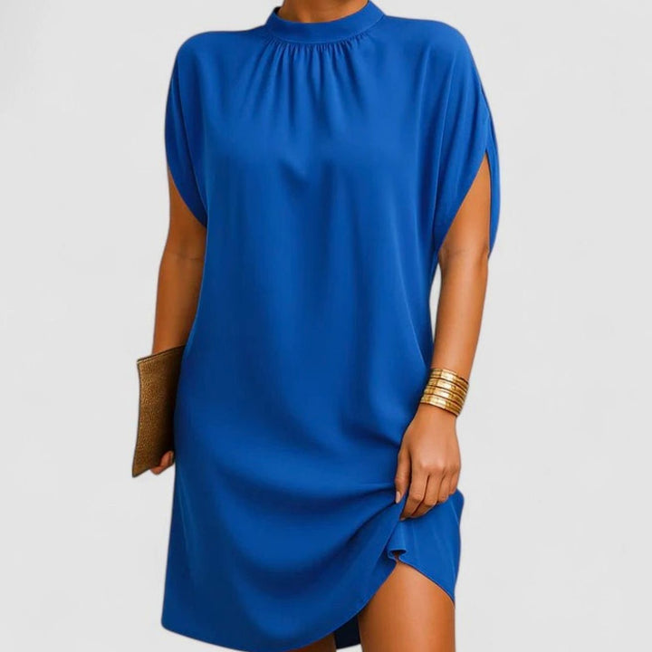 Women's Elegant Mock-Neck Ruched Split-Sleeve Mini Dress - Blue