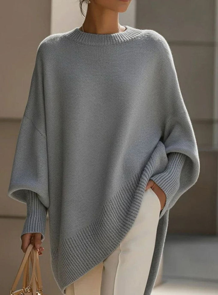 Women's Elegant Oversized Batwing-Sleeve Knit Poncho Sweater, Beige - Light Blue