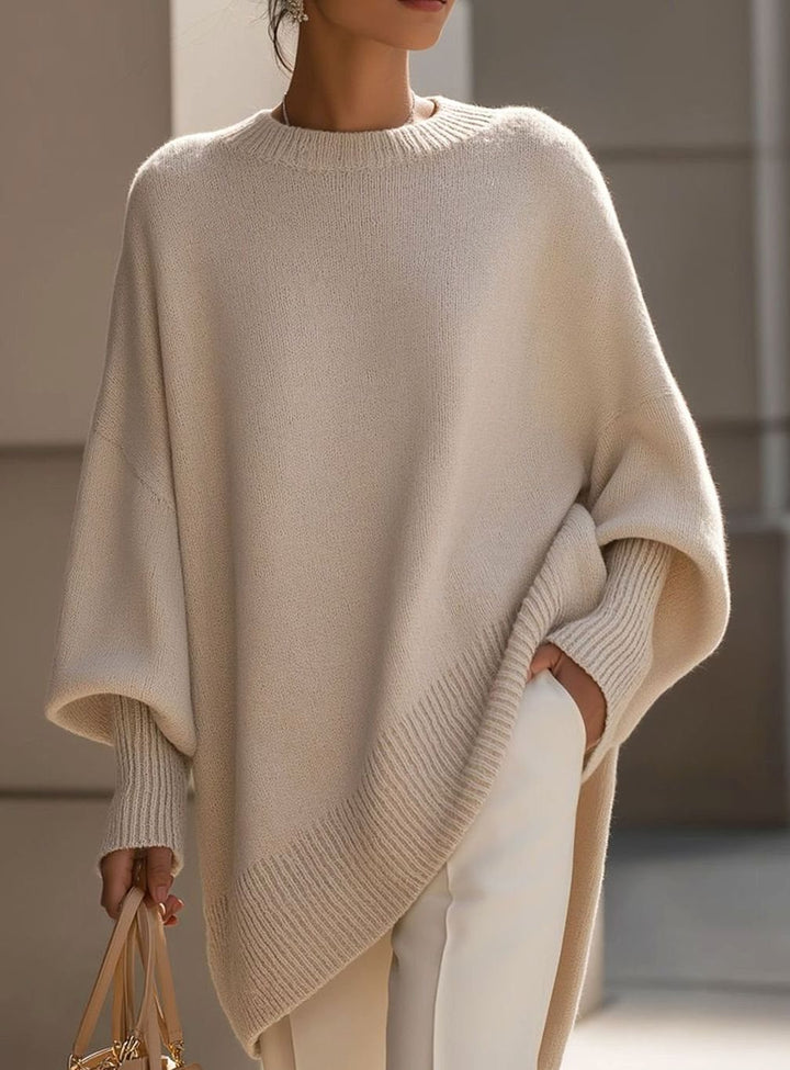 Women's Elegant Oversized Batwing-Sleeve Knit Poncho Sweater - Beige