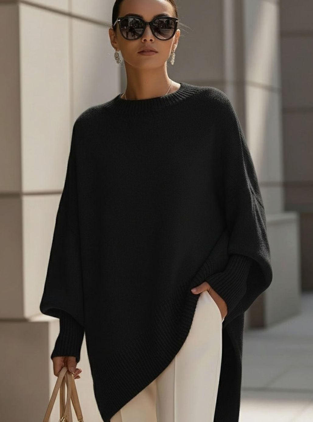 Women's Elegant Oversized Batwing-Sleeve Knit Poncho Sweater - Black