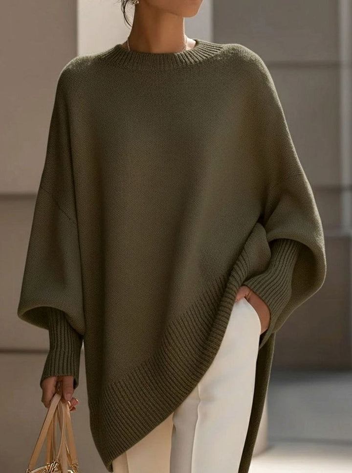 Women's Elegant Oversized Batwing-Sleeve Knit Poncho Sweater - Olive Green