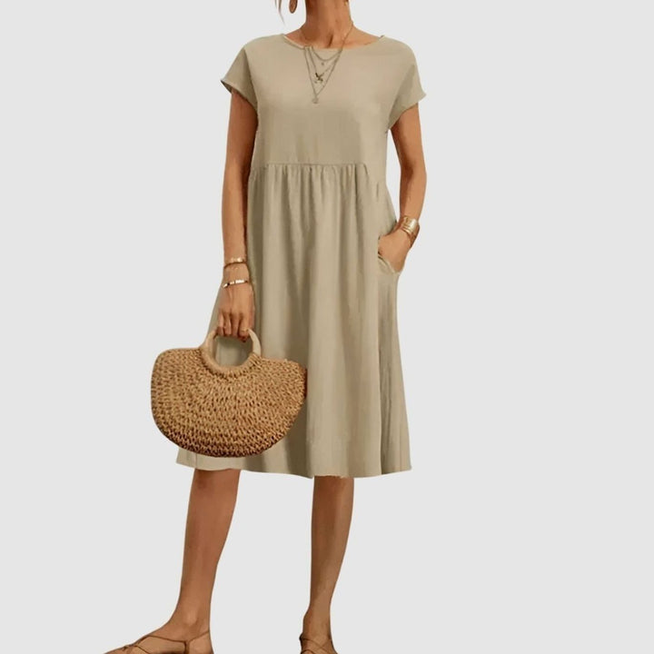 Women's Elegant Pocketed Cap-Sleeve Babydoll Spring Dress - Beige