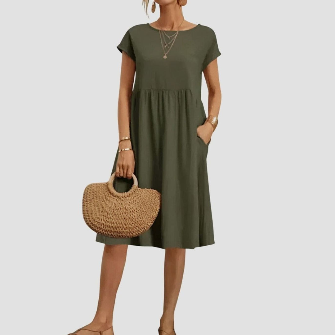 Women's Elegant Pocketed Cap-Sleeve Babydoll Spring Dress - Green
