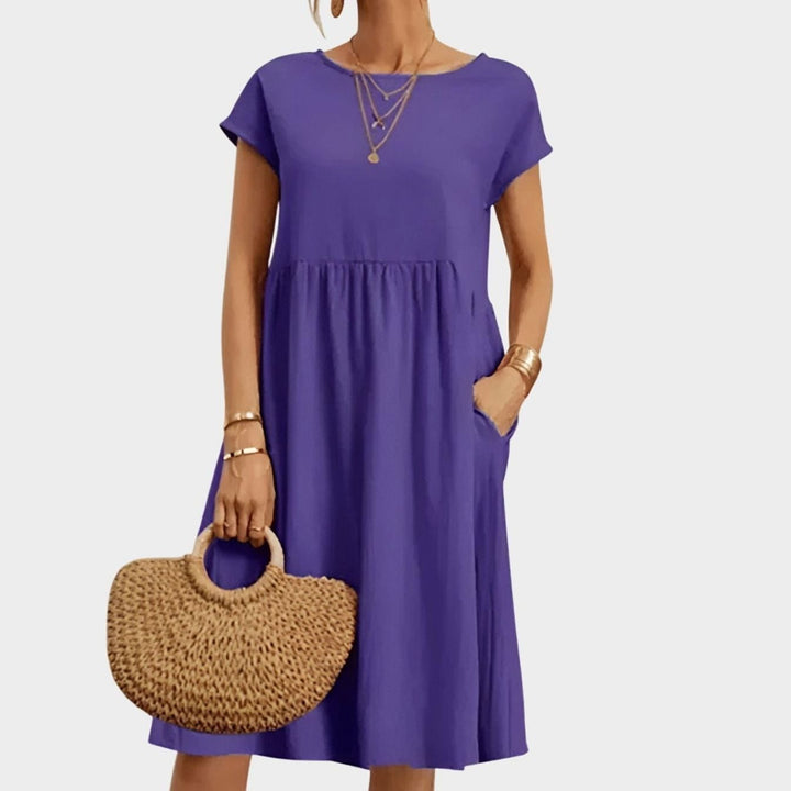 Women's Elegant Pocketed Cap-Sleeve Babydoll Spring Dress - Purple