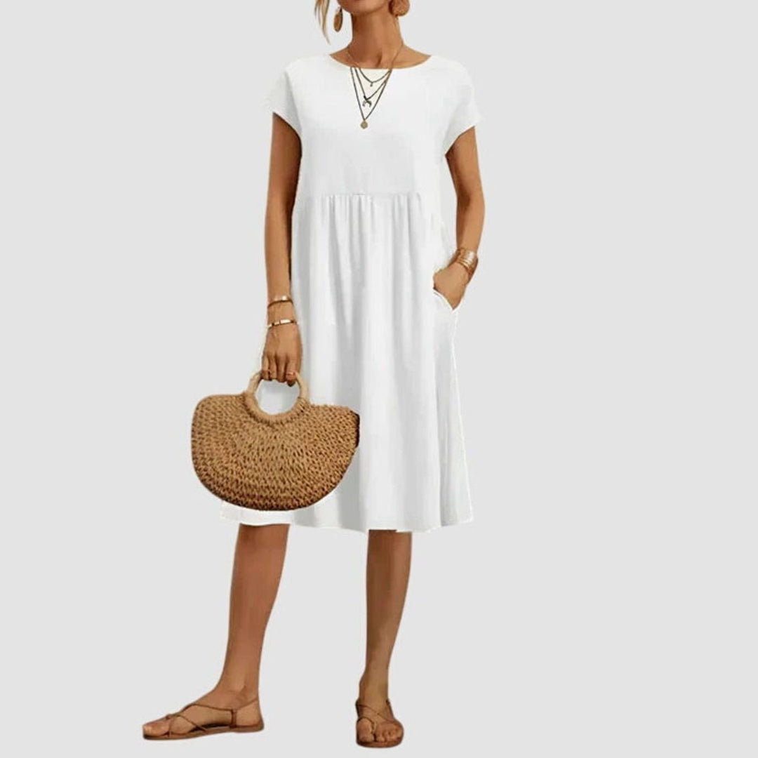 Women's Elegant Pocketed Cap-Sleeve Babydoll Spring Dress - White