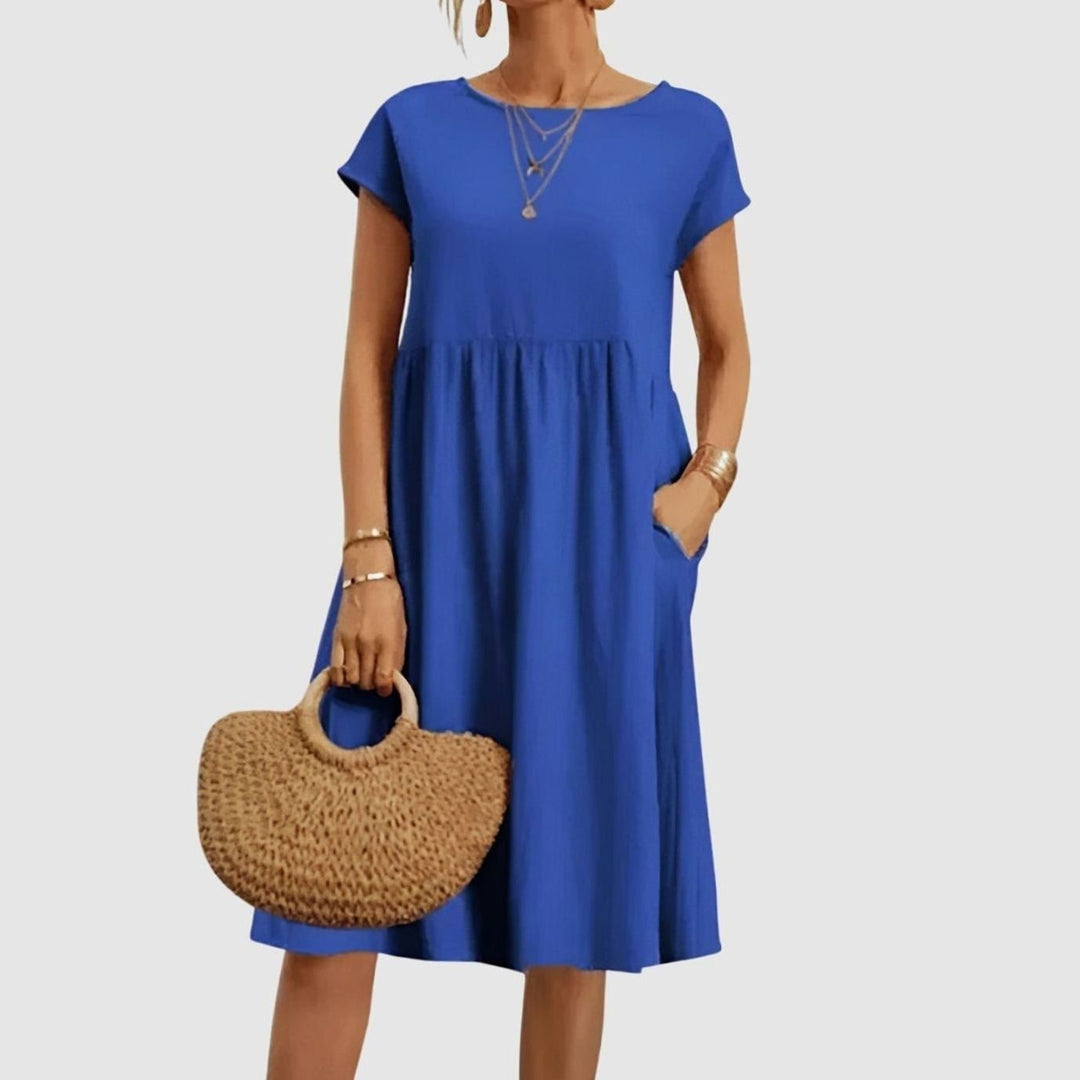Women's Elegant Pocketed Cap-Sleeve Babydoll Spring Dress - Ocean Blue