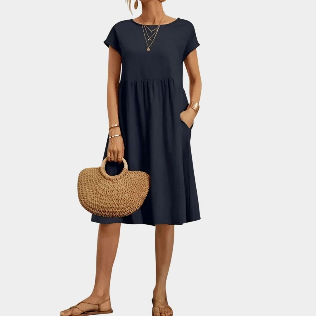 Women's Elegant Pocketed Cap-Sleeve Babydoll Spring Dress - Blue