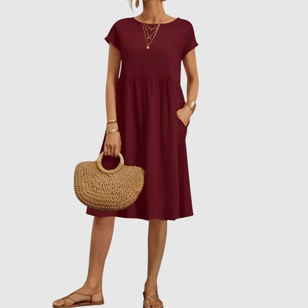 Women's Elegant Pocketed Cap-Sleeve Babydoll Spring Dress - Burgundy