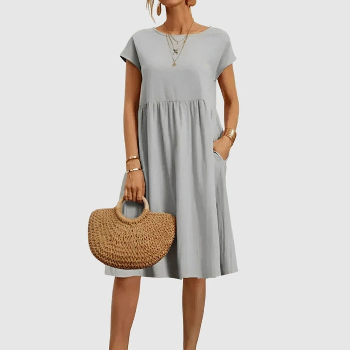Women's Elegant Pocketed Cap-Sleeve Babydoll Spring Dress - Gray