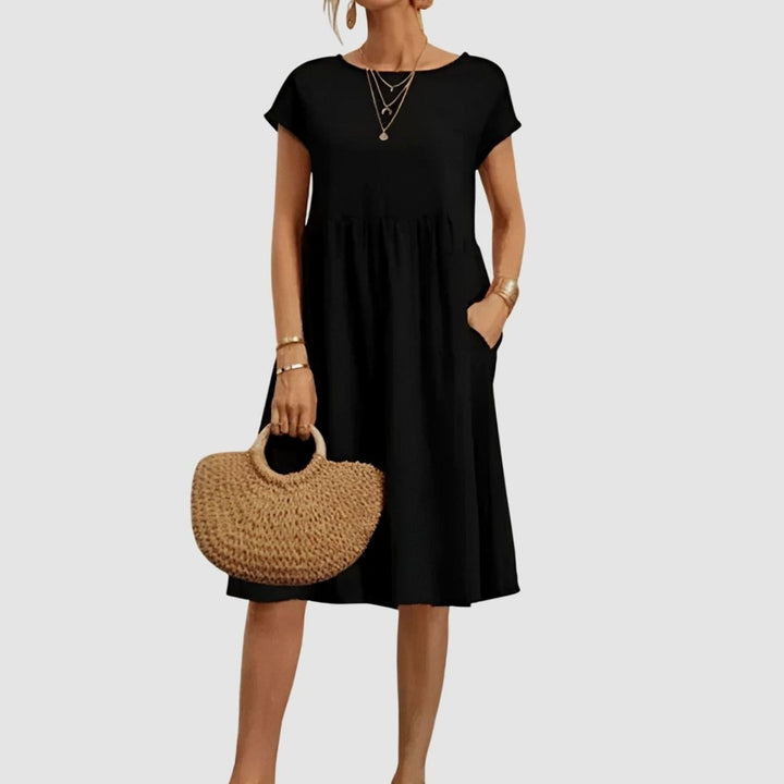 Women's Elegant Pocketed Cap-Sleeve Babydoll Spring Dress - Black