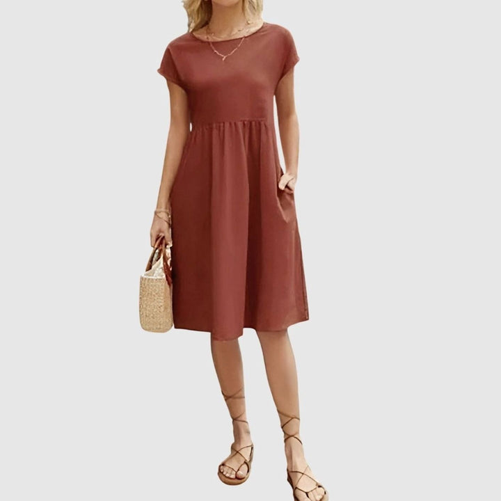 Women's Elegant Pocketed Cap-Sleeve Babydoll Spring Dress - Brown