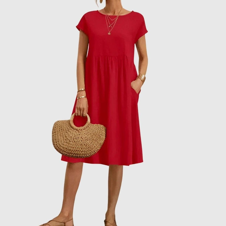 Women's Elegant Pocketed Cap-Sleeve Babydoll Spring Dress - Red