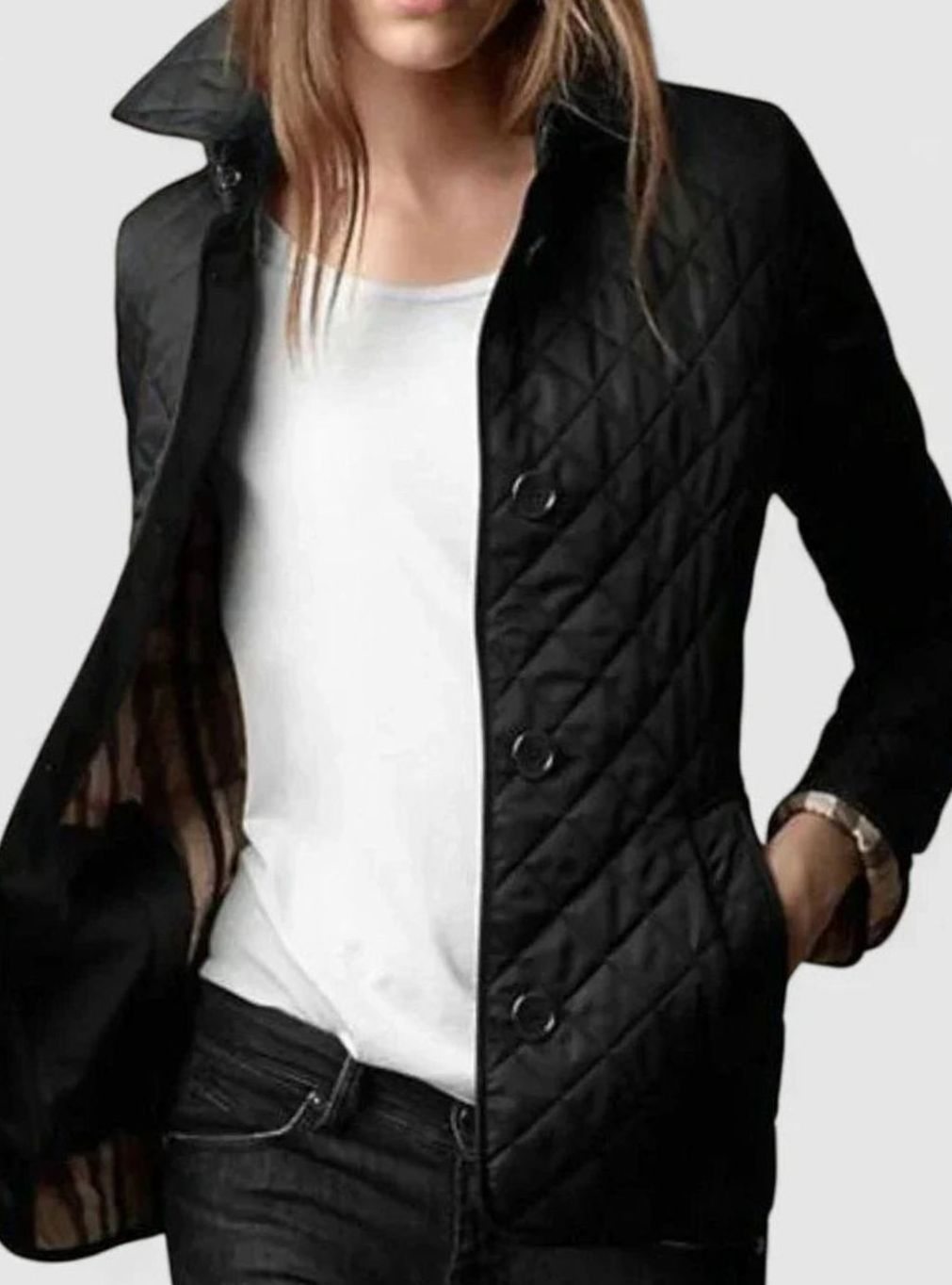 Women's Elegant Quilted Snap-Button Jacket - Black