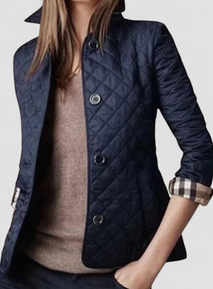 Women's Elegant Quilted Snap-Button Jacket - Navy Blue