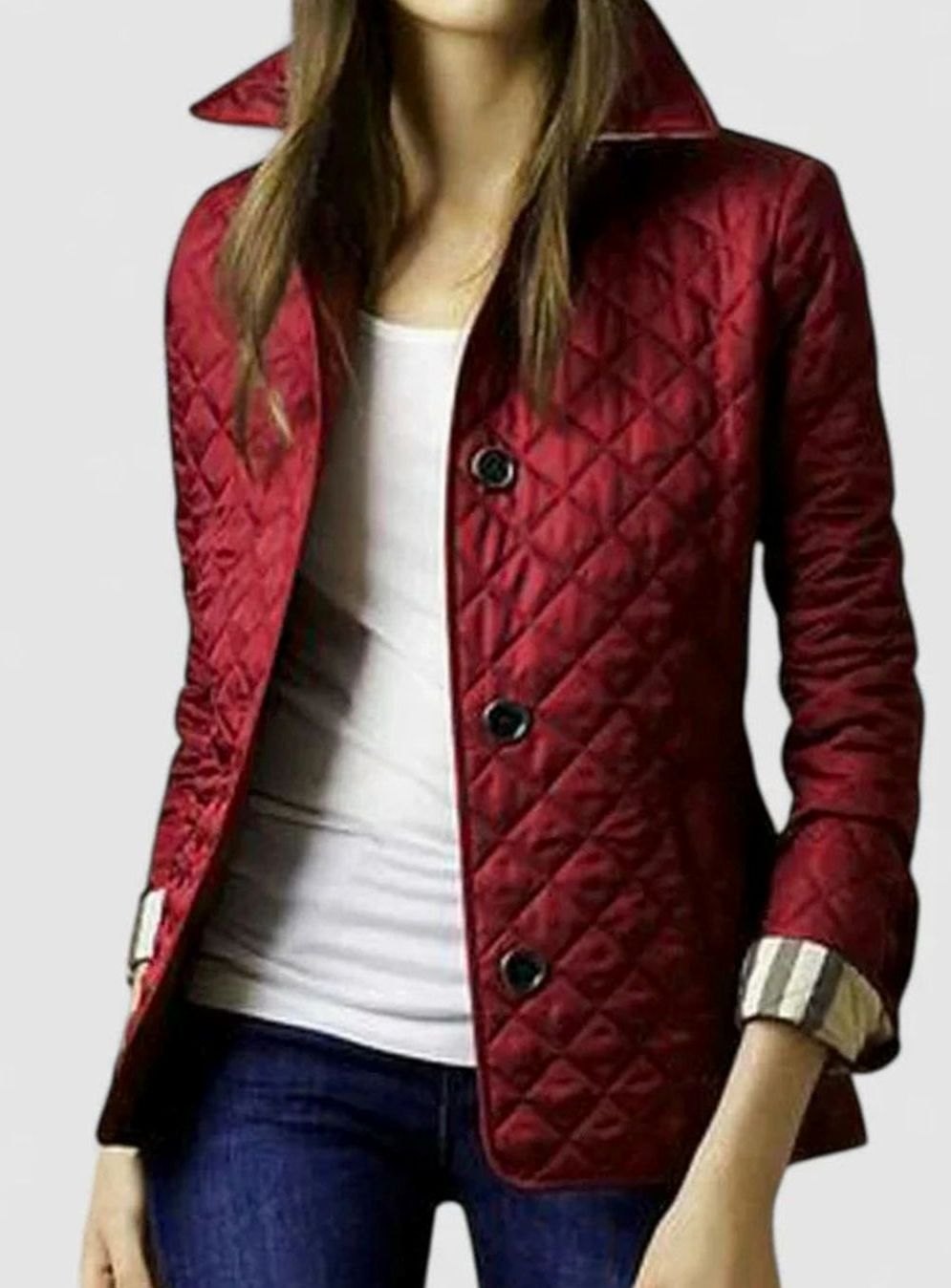 Women's Elegant Quilted Snap-Button Jacket - Wine Red
