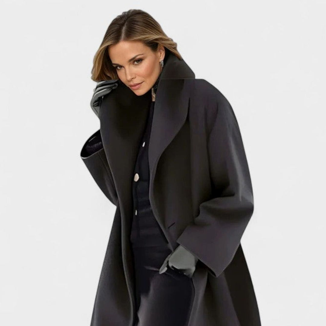 Women's Elegant Relaxed-Fit Shawl-Collar Wool-Blend Coat - Black