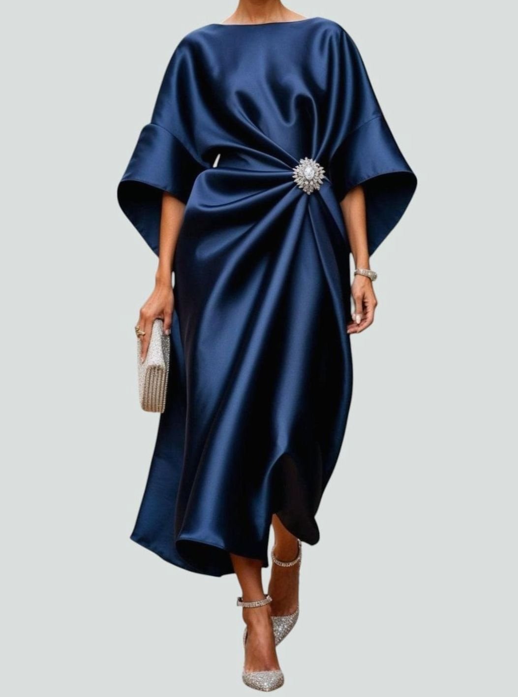Women's Elegant Satin Batwing-Sleeve Brooch Midi Dress - Navy Blue