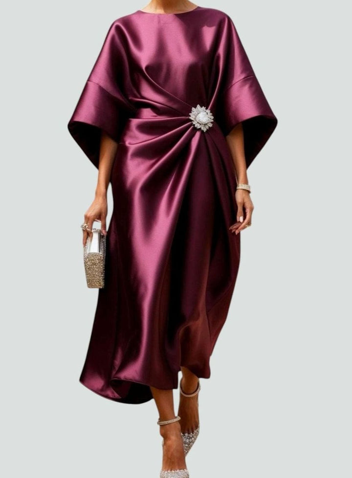 Women's Elegant Satin Batwing-Sleeve Brooch Midi Dress - Red
