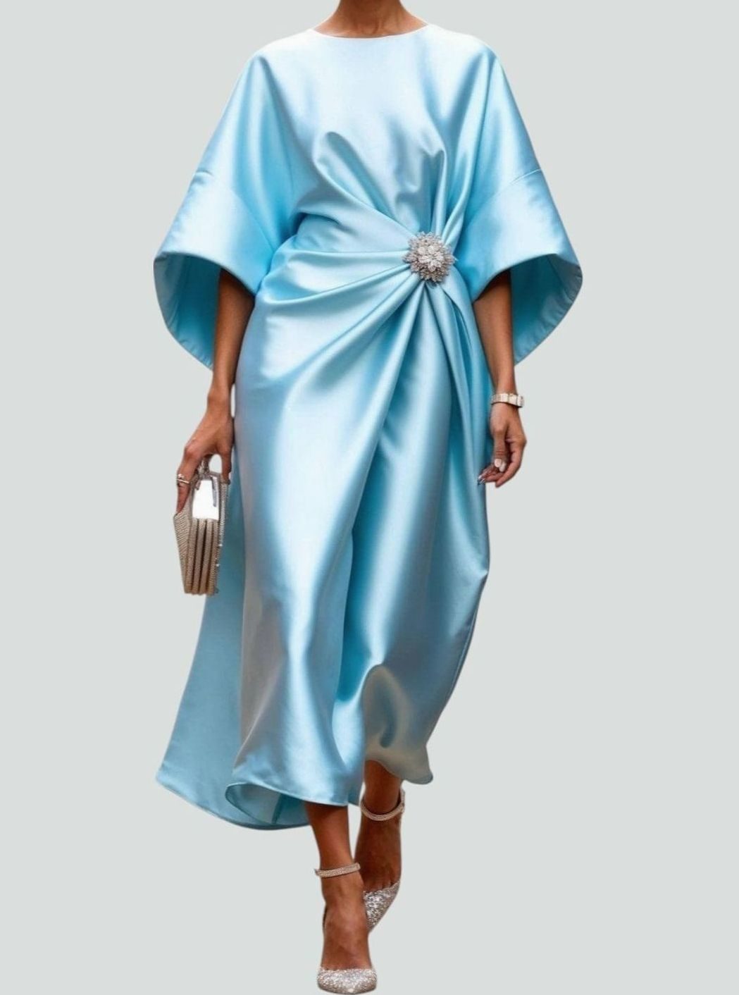 Women's Elegant Satin Batwing-Sleeve Brooch Midi Dress - Light Blue