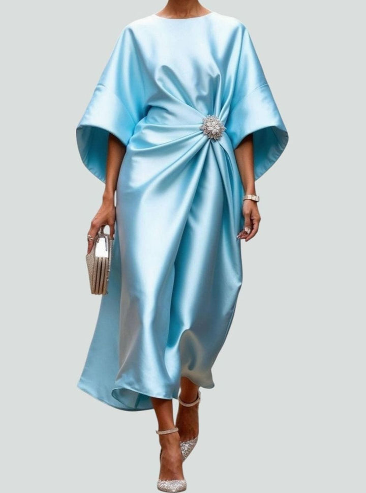 Women's Elegant Satin Batwing-Sleeve Brooch Midi Dress - Light Blue