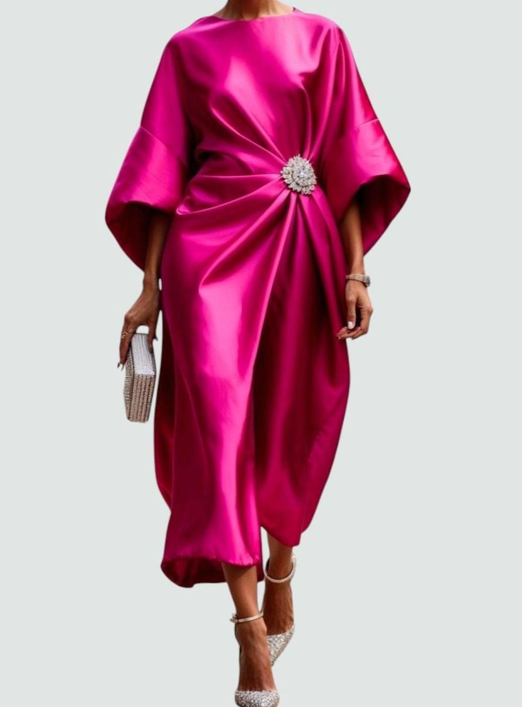 Women's Elegant Satin Batwing-Sleeve Brooch Midi Dress - Pink