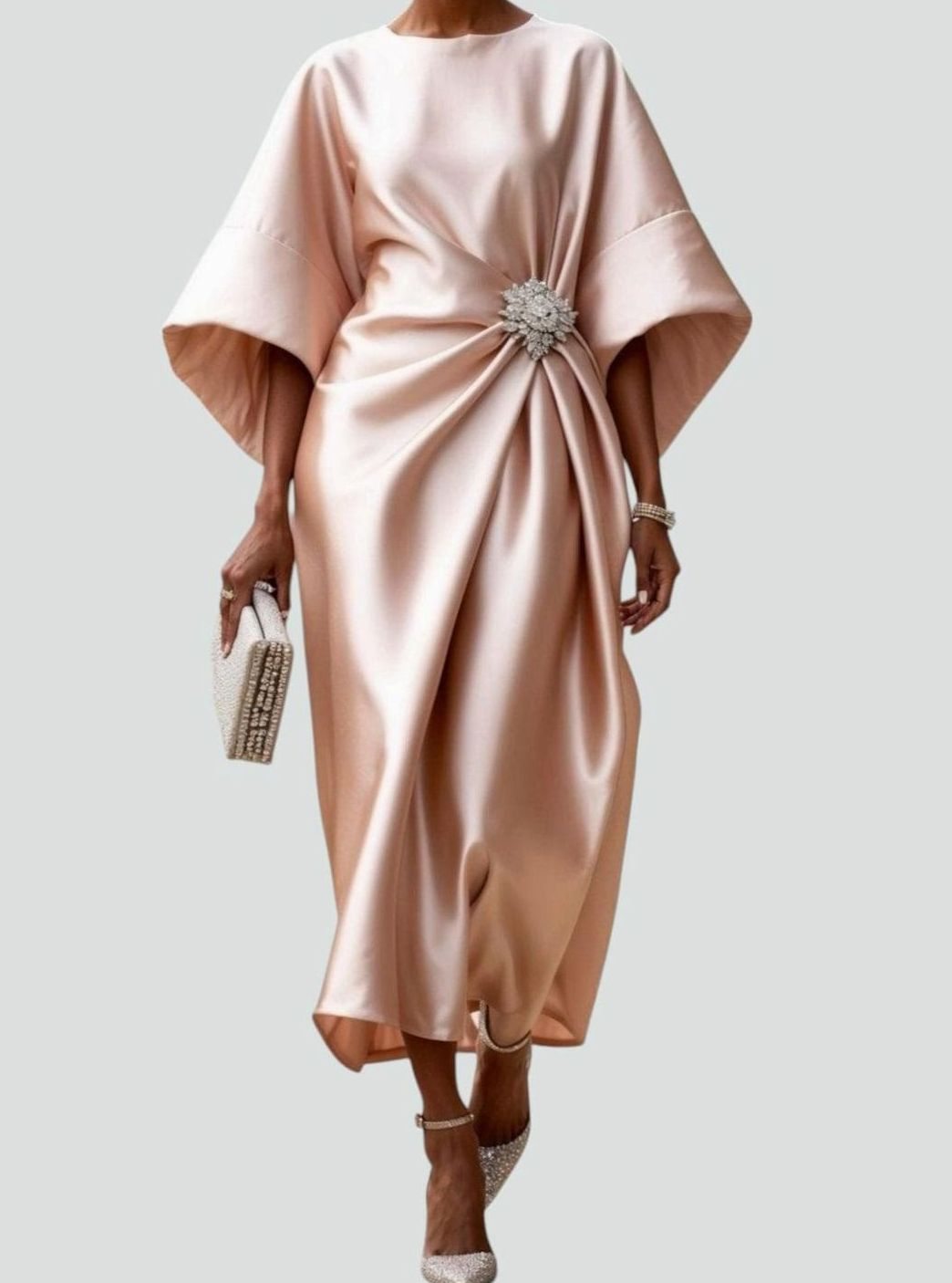 Women's Elegant Satin Batwing-Sleeve Brooch Midi Dress - Beige