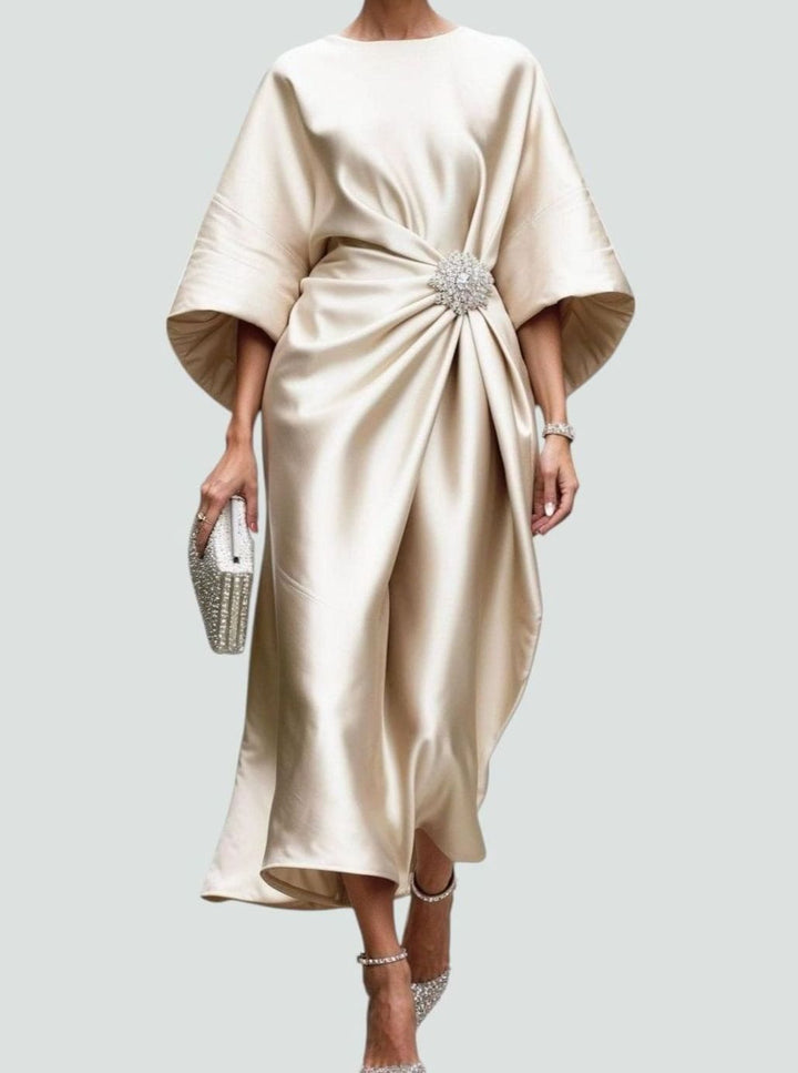 Women's Elegant Satin Batwing-Sleeve Brooch Midi Dress - Khaki
