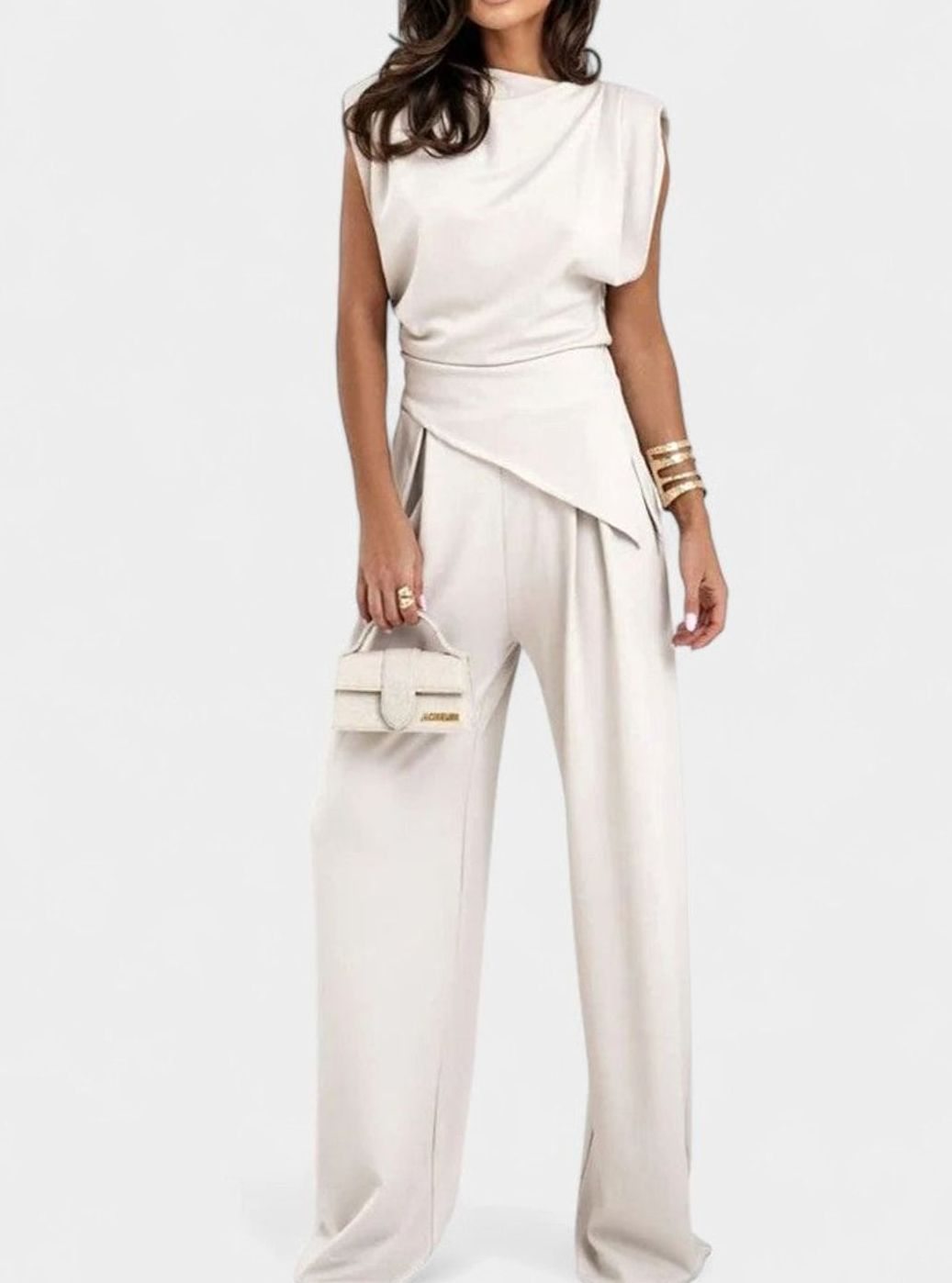 Women's Elegant Set Sleeveless Draped Top Wide-Leg Pants Two-Piece - Peach