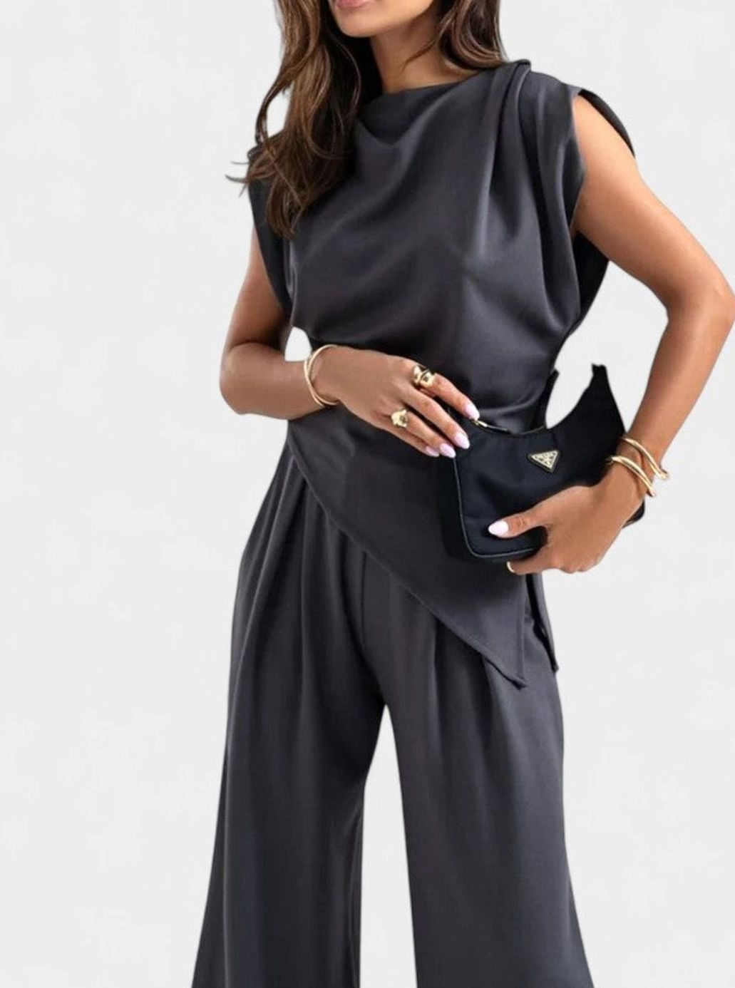 Women's Elegant Set Sleeveless Draped Top Wide-Leg Pants Two-Piece