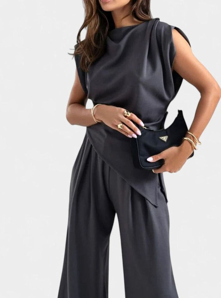 Women's Elegant Set Sleeveless Draped Top Wide-Leg Pants Two-Piece