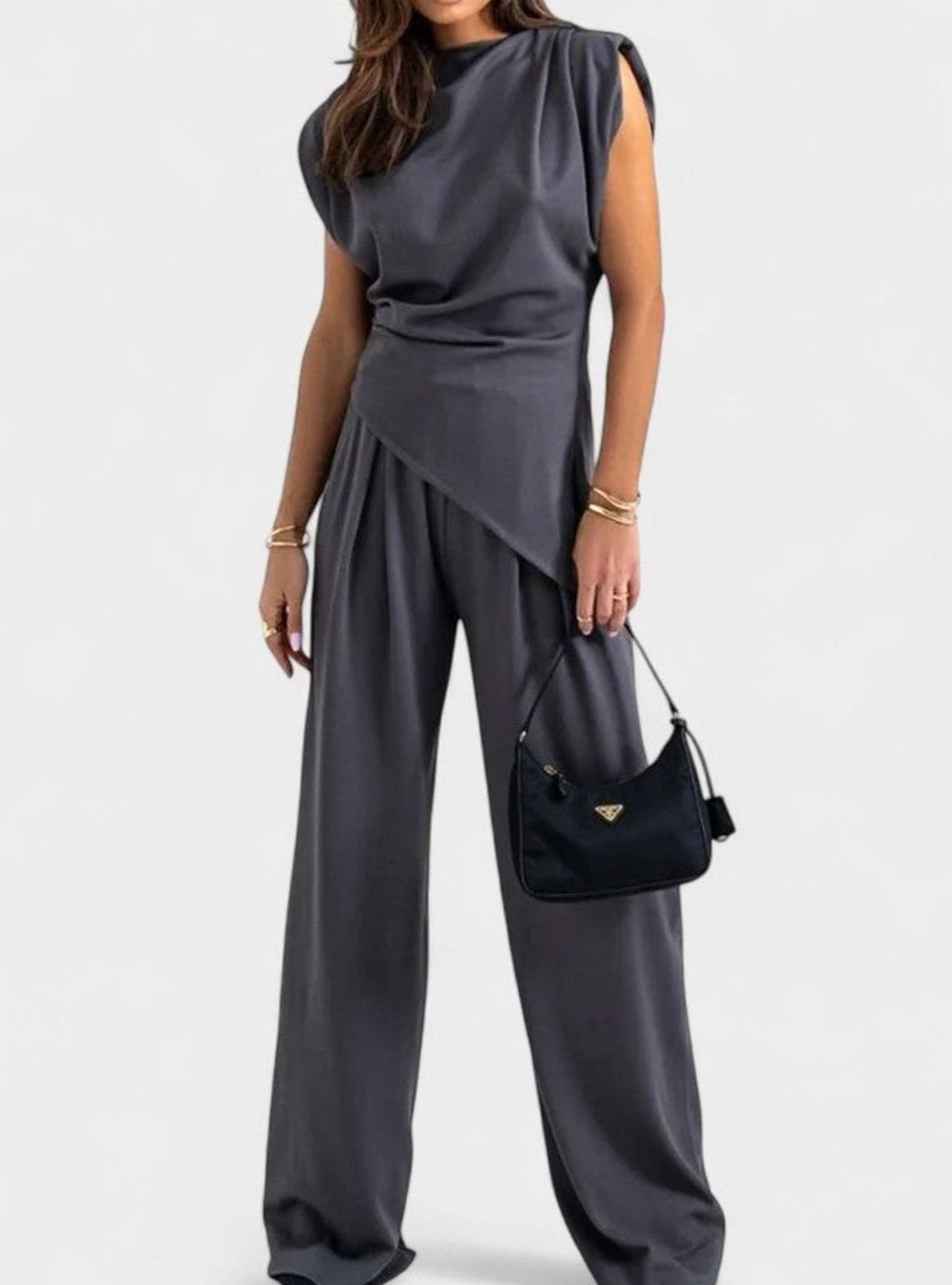Women's Elegant Set Sleeveless Draped Top Wide-Leg Pants Two-Piece - Dark Gray