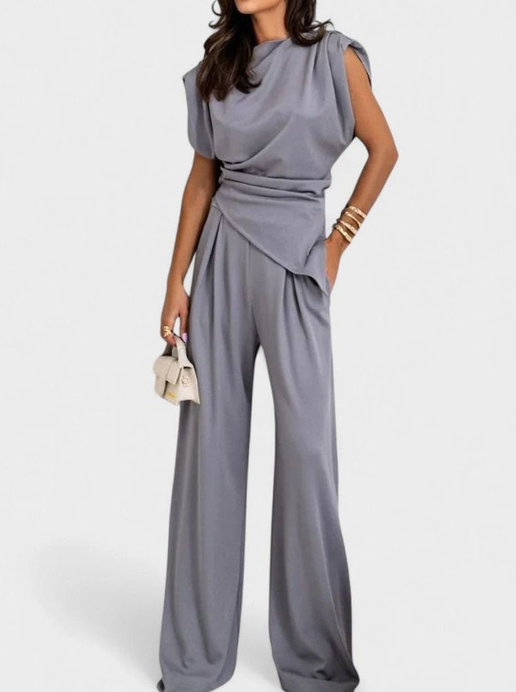 Women's Elegant Set Sleeveless Draped Top Wide-Leg Pants Two-Piece - Light Gray