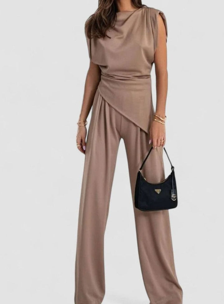 Women's Elegant Set Sleeveless Draped Top Wide-Leg Pants Two-Piece - Brown
