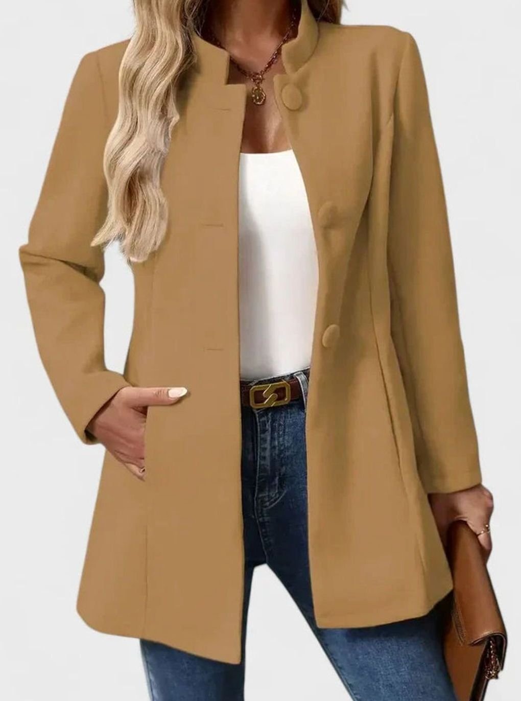 Women's Elegant Stand-Collar Waist-Shaping Formal Jacket - Camel