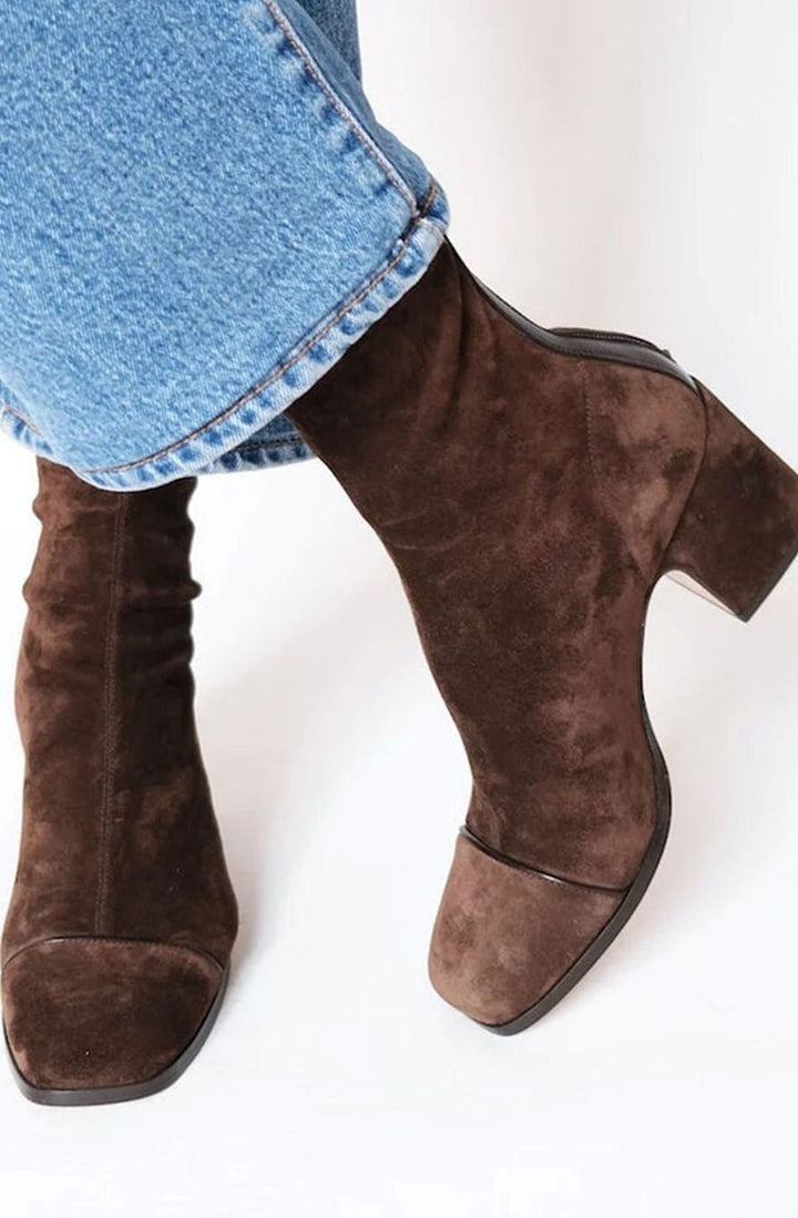 Women's Elegant Suede Square-Toe Block-Heel Mid-Calf Boots - Dark Brown