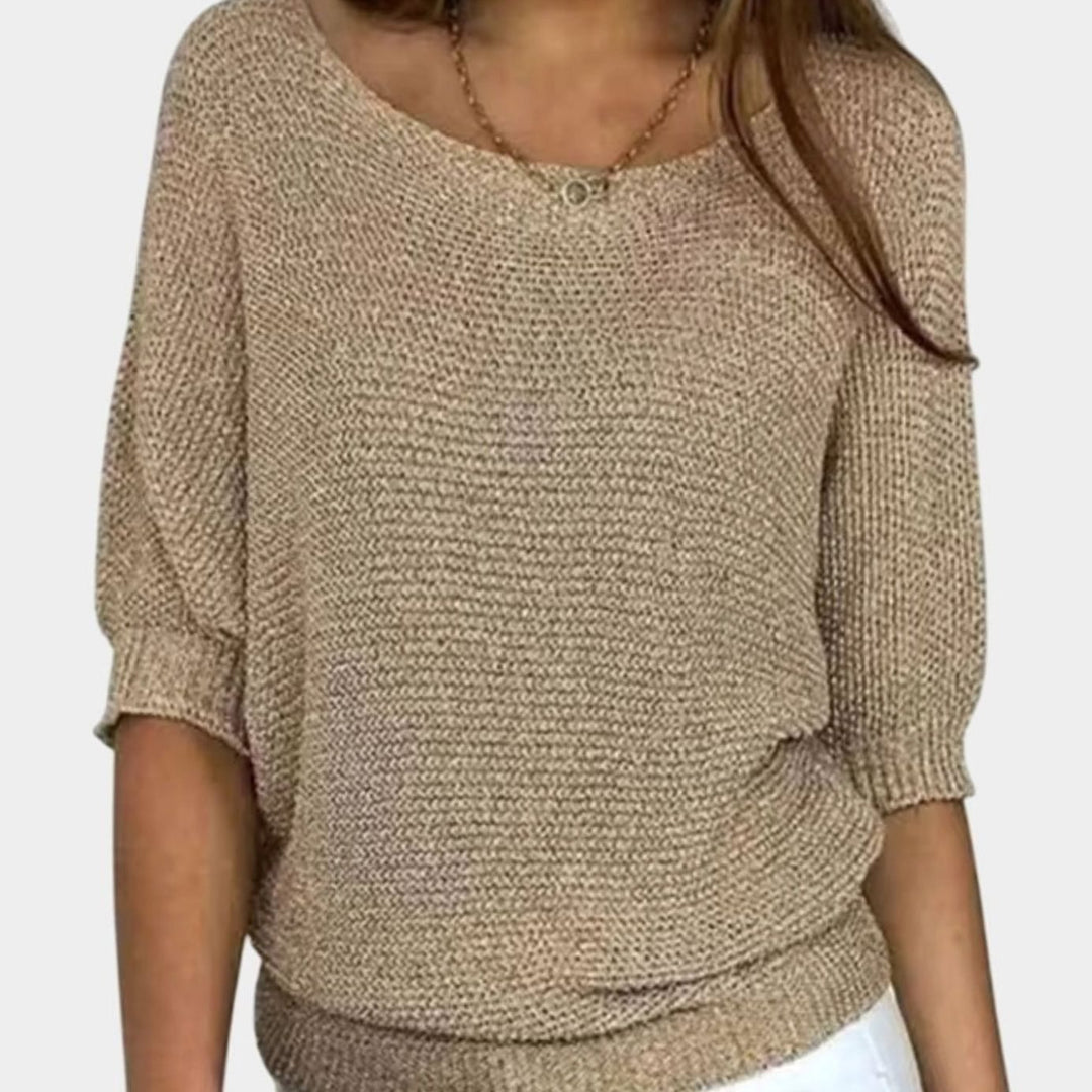 Women's Elegant Sweater V-Neck Batwing-Sleeve Relaxed Knit Top - Beige