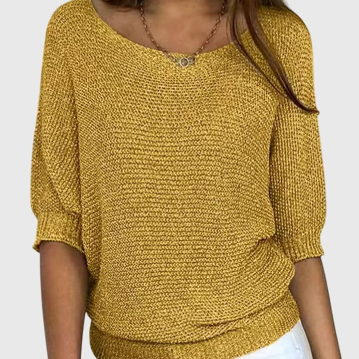 Women's Elegant Sweater V-Neck Batwing-Sleeve Relaxed Knit Top - Yellow