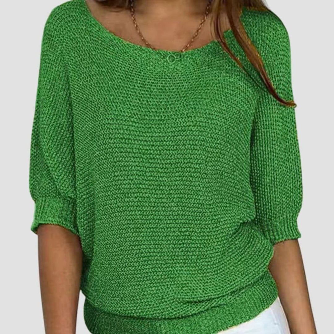 Women's Elegant Sweater V-Neck Batwing-Sleeve Relaxed Knit Top - Green
