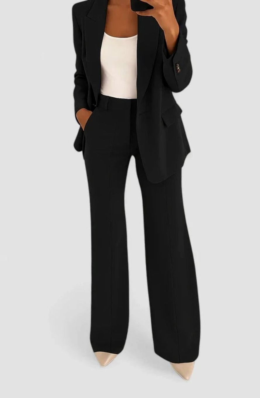 Women's Elegant Tailored Wide-Leg Two-Piece Blazer Suit Set for Work - Black