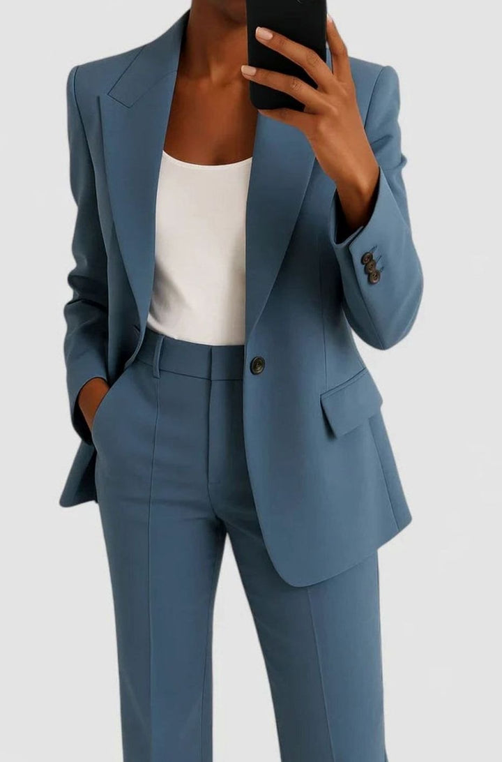 Women's Elegant Tailored Wide-Leg Two-Piece Blazer Suit Set for Work - Blue